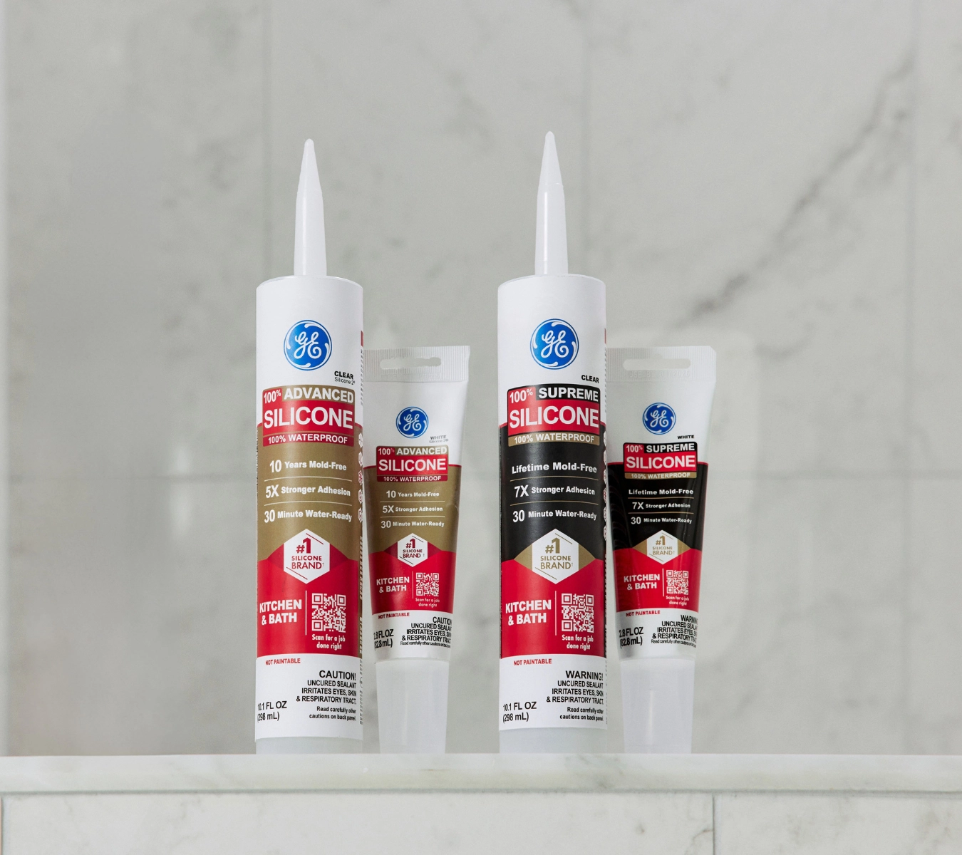 GE Supreme, Advanced Silicone products—used for recaulking bathtubs for a clean, mold-resistant finish.